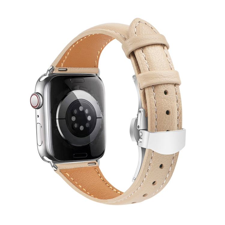 For Apple Watch Ultra 2 49mm Plain Leather Butterfly Buckle Watch Band(Apricot+Silver)