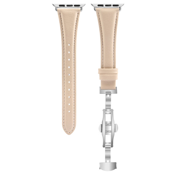 For Apple Watch Ultra 2 49mm Plain Leather Butterfly Buckle Watch Band(Apricot+Silver)