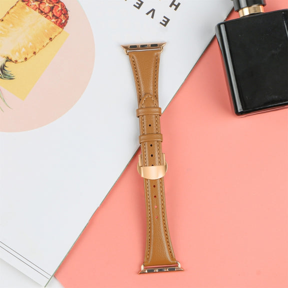 For Apple Watch Series 9 41mm Plain Leather Butterfly Buckle Watch Band(Brown+Rose Gold)