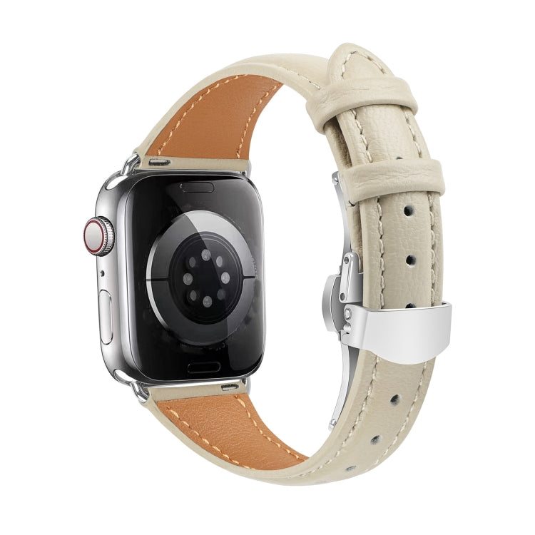 For Apple Watch Ultra 49mm Plain Leather Butterfly Buckle Watch Band(Beige+Silver)