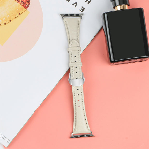 For Apple Watch Ultra 49mm Plain Leather Butterfly Buckle Watch Band(Beige+Silver)