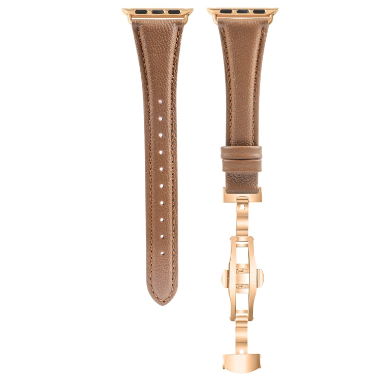 For Apple Watch Ultra 49mm Plain Leather Butterfly Buckle Watch Band(Dark Brown+Rose Gold)