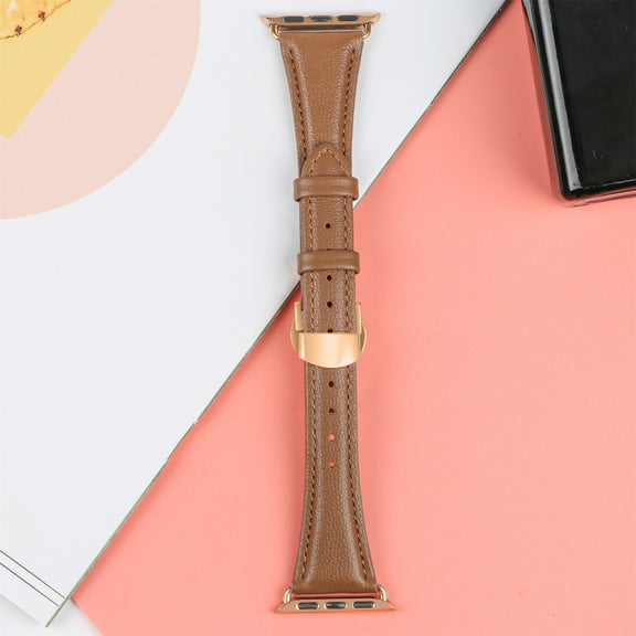 For Apple Watch Ultra 49mm Plain Leather Butterfly Buckle Watch Band(Dark Brown+Rose Gold)