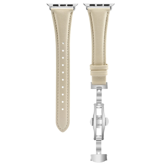 For Apple Watch Series 8 41mm Plain Leather Butterfly Buckle Watch Band(Beige+Silver)
