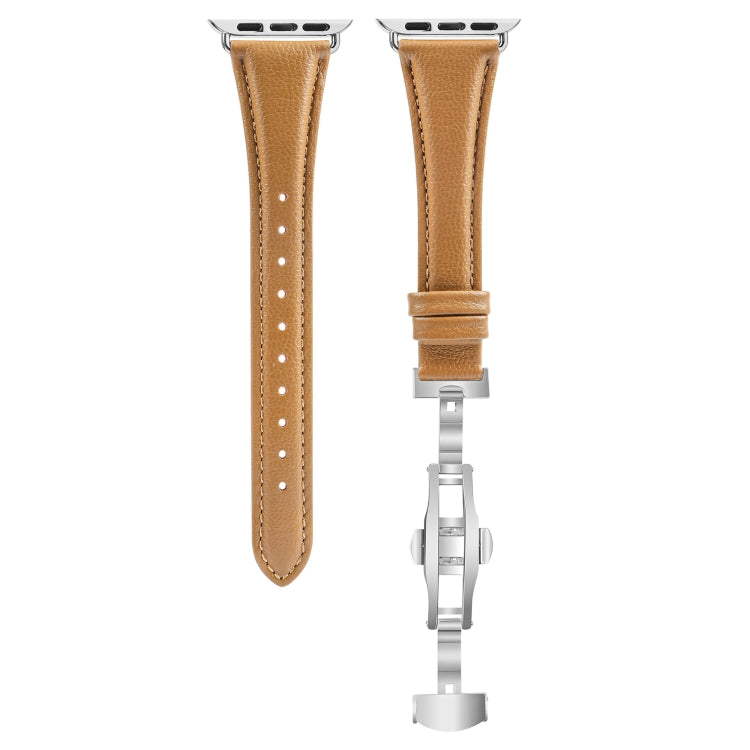 For Apple Watch Series 8 41mm Plain Leather Butterfly Buckle Watch Band(Brown+Silver)
