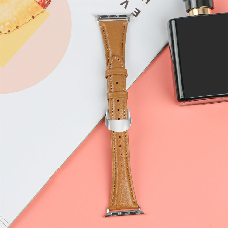 For Apple Watch Series 8 41mm Plain Leather Butterfly Buckle Watch Band(Brown+Silver)
