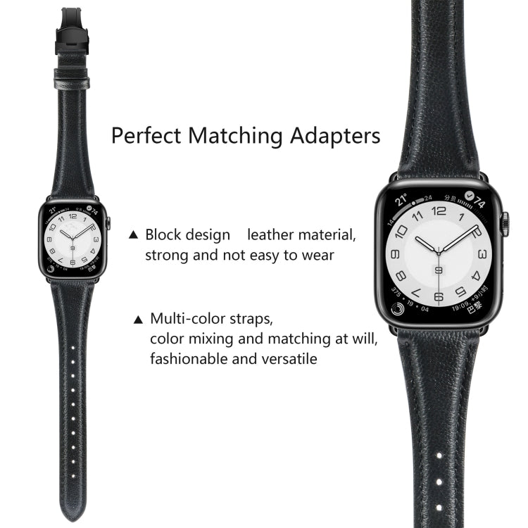 For Apple Watch SE 2022 40mm Plain Leather Butterfly Buckle Watch Band(Black+Black)