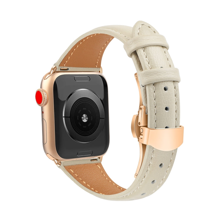 For Apple Watch SE 2022 40mm Plain Leather Butterfly Buckle Watch Band(Beige+Rose Gold)