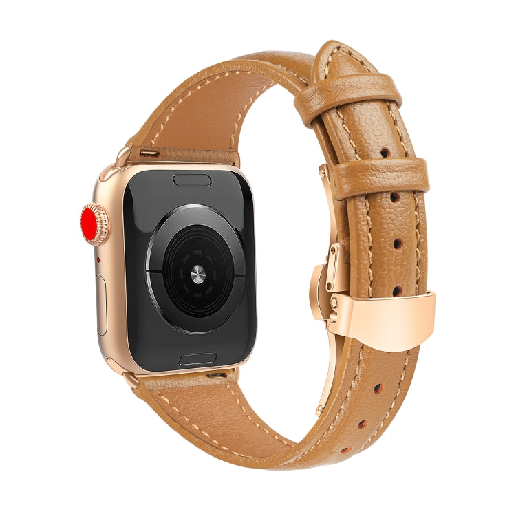 For Apple Watch SE 2022 40mm Plain Leather Butterfly Buckle Watch Band(Brown+Rose Gold)