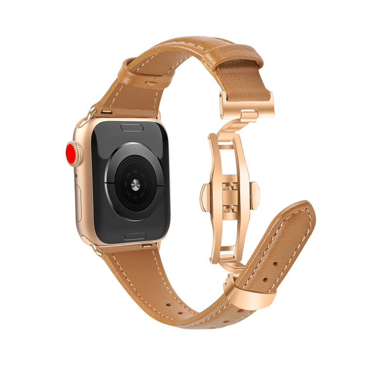 For Apple Watch SE 2022 40mm Plain Leather Butterfly Buckle Watch Band(Brown+Rose Gold)