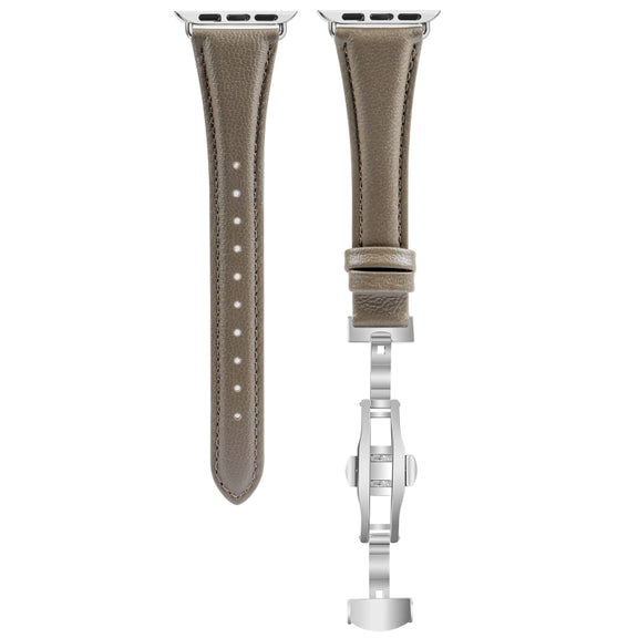 For Apple Watch SE 2022 44mm Plain Leather Butterfly Buckle Watch Band(Gray+Silver)
