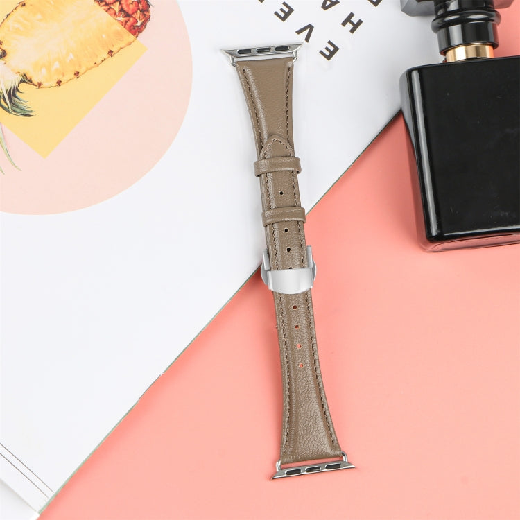 For Apple Watch SE 2022 44mm Plain Leather Butterfly Buckle Watch Band(Gray+Silver)