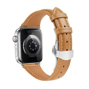 For Apple Watch SE 2022 44mm Plain Leather Butterfly Buckle Watch Band(Brown+Silver)