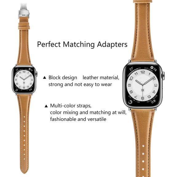For Apple Watch SE 2022 44mm Plain Leather Butterfly Buckle Watch Band(Brown+Silver)