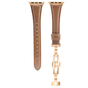 For Apple Watch SE 2022 44mm Plain Leather Butterfly Buckle Watch Band(Dark Brown+Rose Gold)