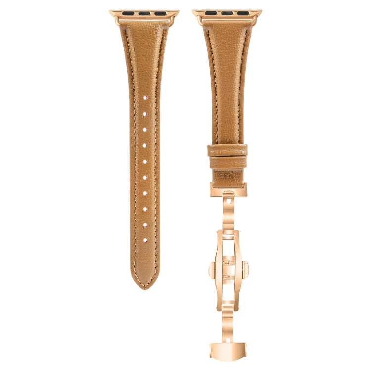 For Apple Watch SE 2022 44mm Plain Leather Butterfly Buckle Watch Band(Brown+Rose Gold)