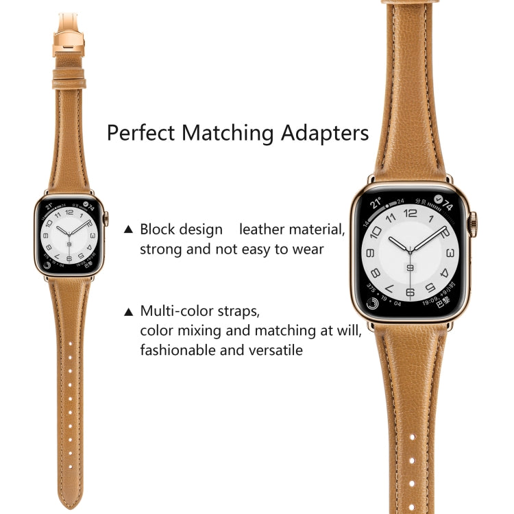 For Apple Watch SE 2022 44mm Plain Leather Butterfly Buckle Watch Band(Brown+Rose Gold)