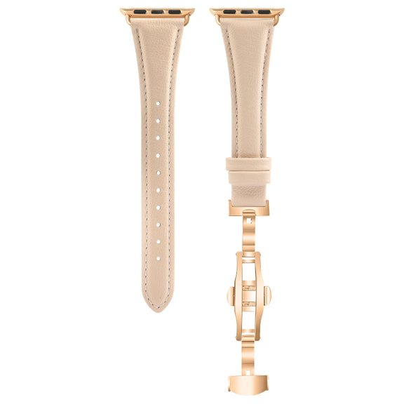 For Apple Watch Series 7 45mm Plain Leather Butterfly Buckle Watch Band(Apricot+Rose Gold)