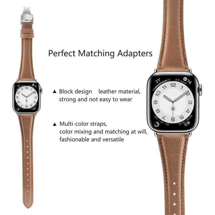 For Apple Watch Series 6 44mm Plain Leather Butterfly Buckle Watch Band(Dark Brown+Silver)