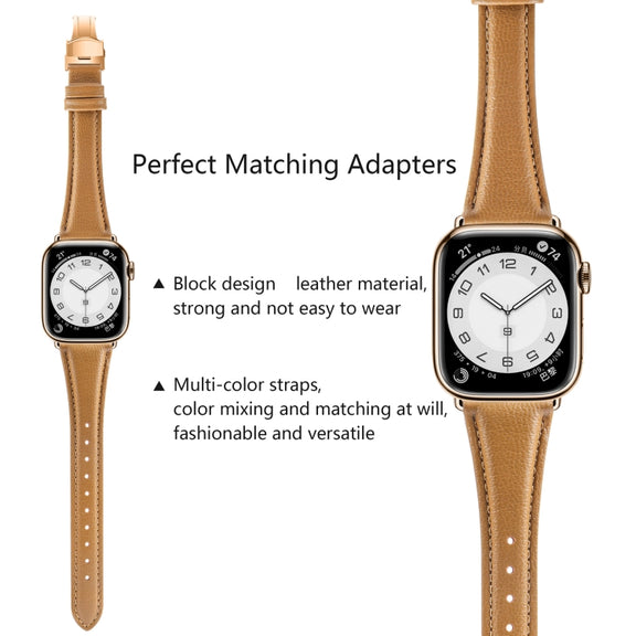 For Apple Watch Series 6 44mm Plain Leather Butterfly Buckle Watch Band(Brown+Rose Gold)