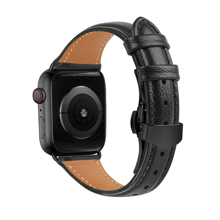 For Apple Watch Series 5 44mm Plain Leather Butterfly Buckle Watch Band(Black+Black)