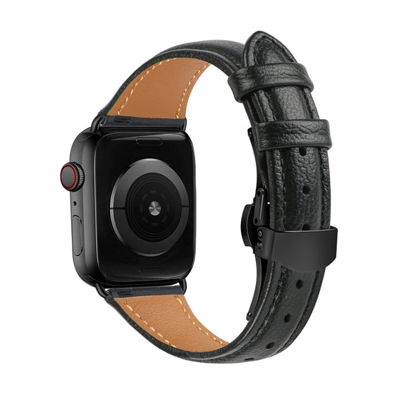 For Apple Watch Series 5 44mm Plain Leather Butterfly Buckle Watch Band(Black+Black)