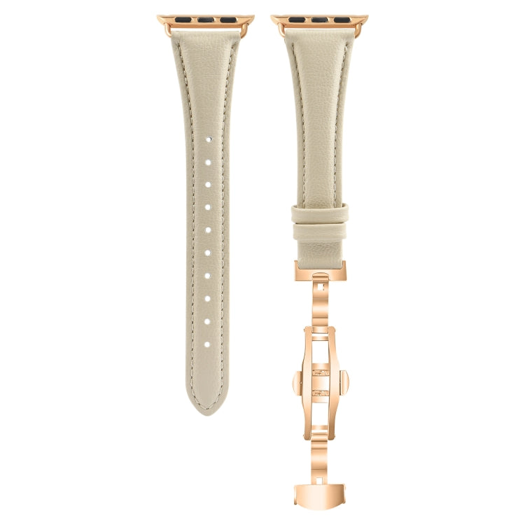 For Apple Watch Series 5 44mm Plain Leather Butterfly Buckle Watch Band(Beige+Rose Gold)
