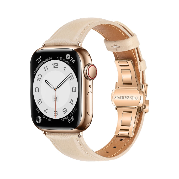 For Apple Watch Series 5 44mm Plain Leather Butterfly Buckle Watch Band(Apricot+Rose Gold)