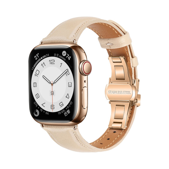 For Apple Watch Series 5 44mm Plain Leather Butterfly Buckle Watch Band(Apricot+Rose Gold)