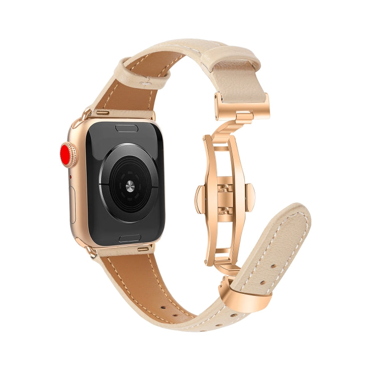 For Apple Watch Series 4 44mm Plain Leather Butterfly Buckle Watch Band(Apricot+Rose Gold)