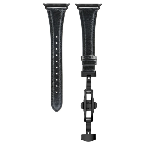 For Apple Watch Series 4 40mm Plain Leather Butterfly Buckle Watch Band(Black+Black)