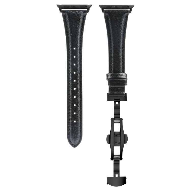For Apple Watch Series 4 40mm Plain Leather Butterfly Buckle Watch Band(Black+Black)