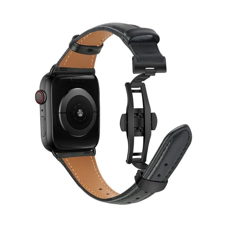For Apple Watch Series 3 38mm Plain Leather Butterfly Buckle Watch Band(Black+Black)