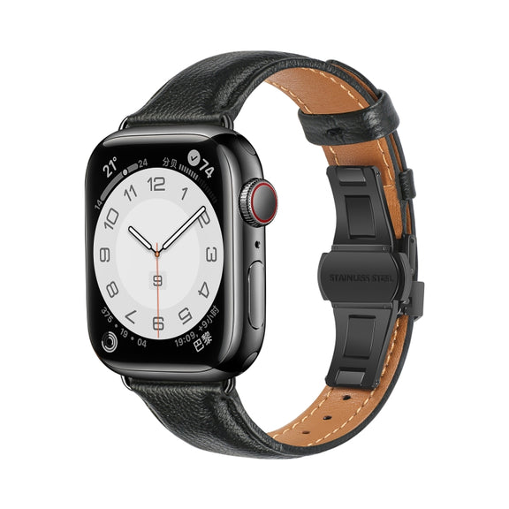 For Apple Watch Series 3 38mm Plain Leather Butterfly Buckle Watch Band(Black+Black)