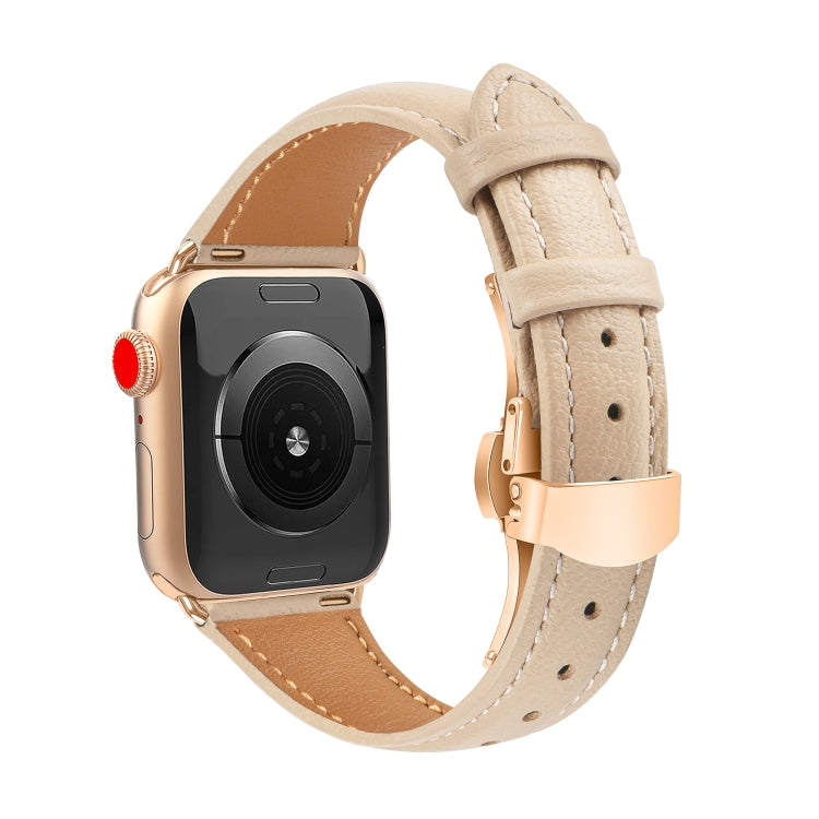 For Apple Watch Series 3 42mm Plain Leather Butterfly Buckle Watch Band(Apricot+Rose Gold)