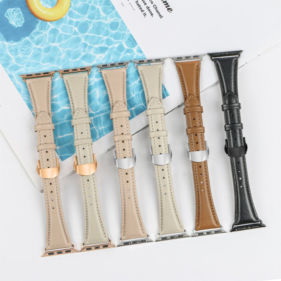 For Apple Watch Series 4 40mm Plain Leather Butterfly Buckle Watch Band(Black+Black)