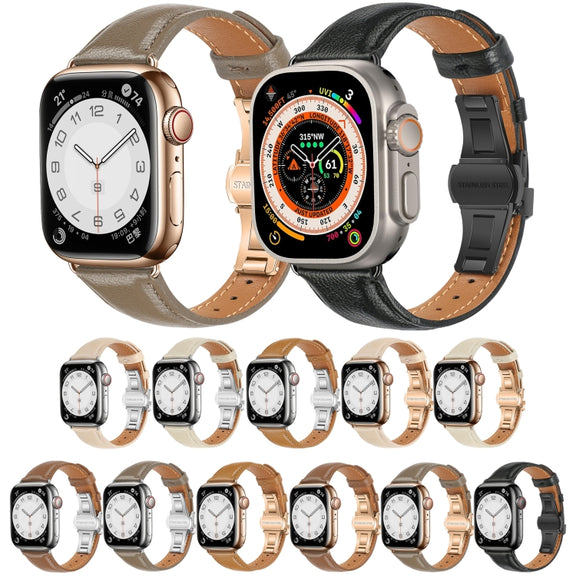 For Apple Watch SE 2022 40mm Plain Leather Butterfly Buckle Watch Band(Black+Black)