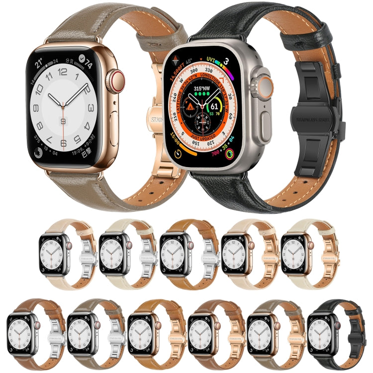 For Apple Watch Ultra 49mm Plain Leather Butterfly Buckle Watch Band(Beige+Silver)