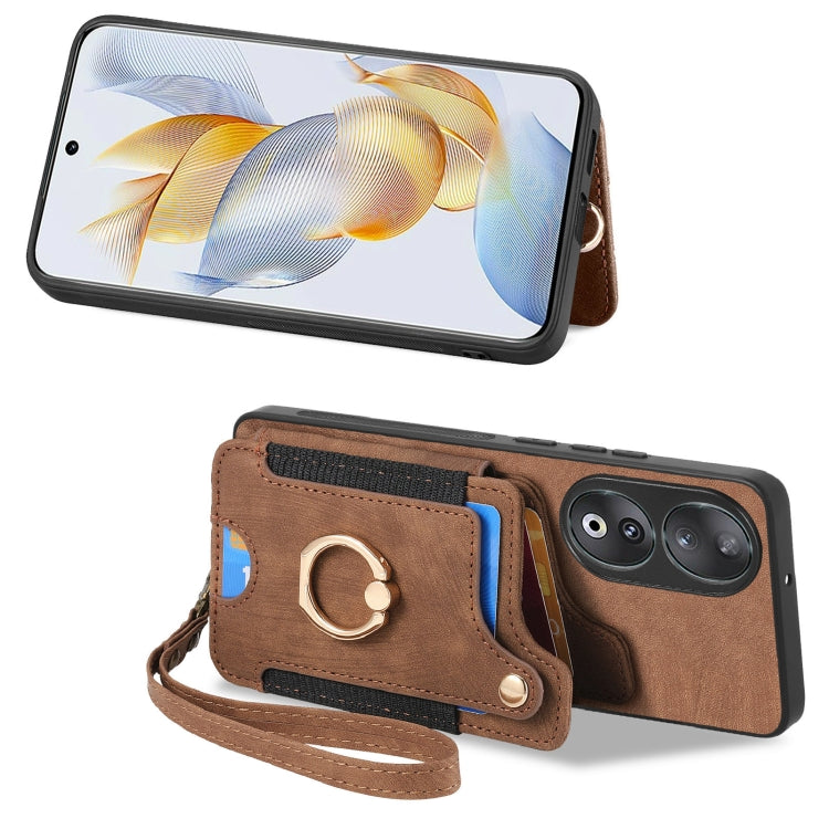 For Honor 90 Retro Skin-feel Ring Multi-card RFID Wallet Phone Case(Brown)