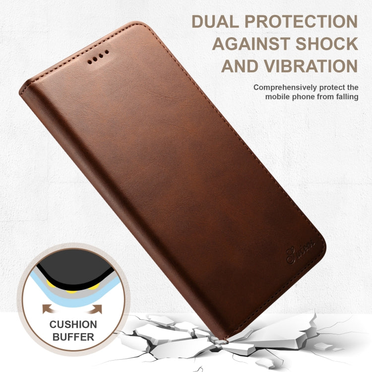 For iPhone 16 Suteni Calf Texture Horizontal Flip Leather Phone Case(Brown)