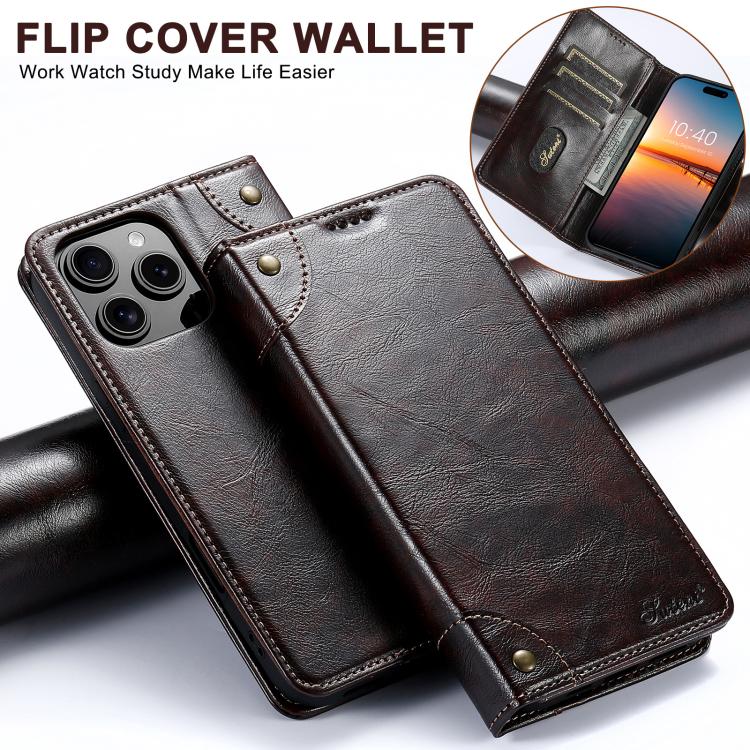 For iPhone 16e Suteni Baroque Calf Texture Buckle Wallet Leather Phone Case(Brown)
