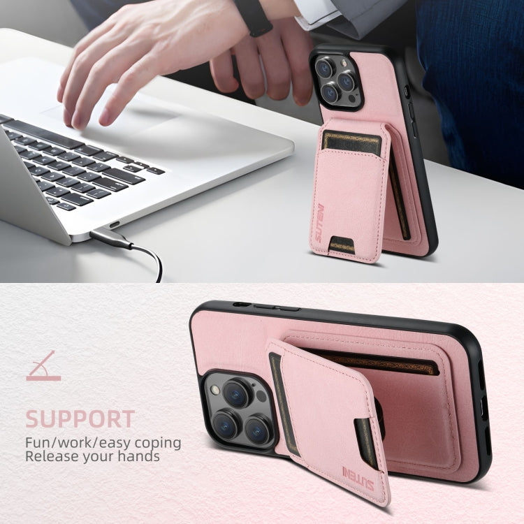 For iPhone 16 Pro Max Suteni H02 Litchi Leather Card Wallet Stand Back Phone Case(Pink)