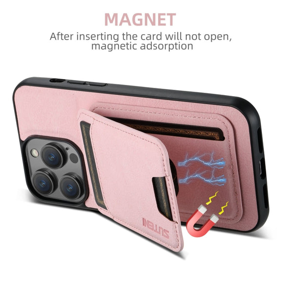 For iPhone 16 Pro Max Suteni H02 Litchi Leather Card Wallet Stand Back Phone Case(Pink)
