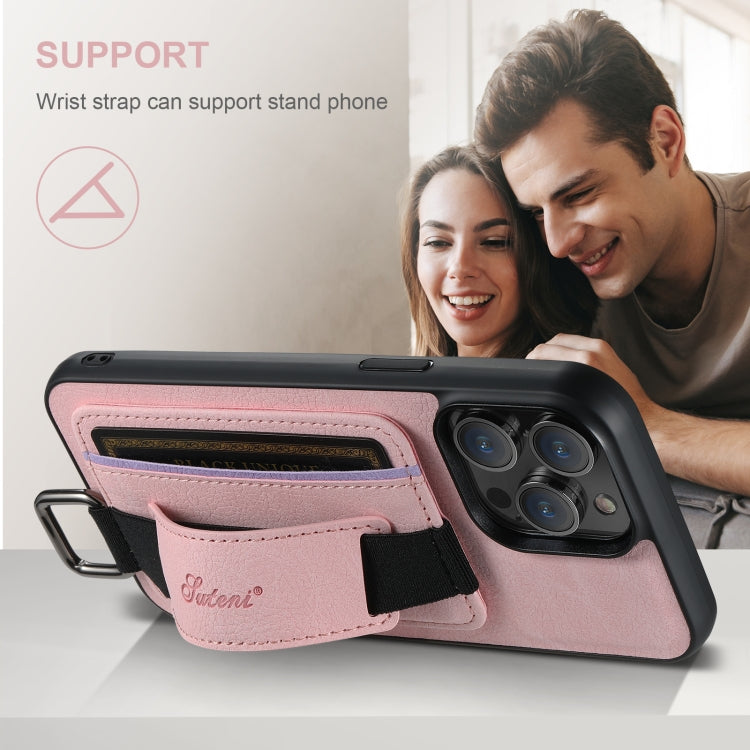 For iPhone 16 Pro Suteni H13 Litchi Leather Wrist Strap Wallet Back Phone Case(Pink)