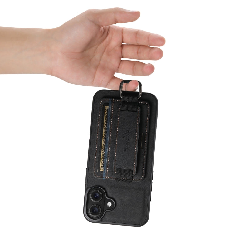 For iPhone 16 Suteni H13 Litchi Leather Wrist Strap Wallet Back Phone Case(Black)