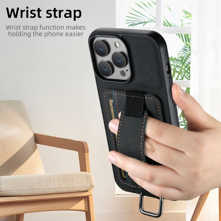 For iPhone 16 Suteni H13 Litchi Leather Wrist Strap Wallet Back Phone Case(Black)