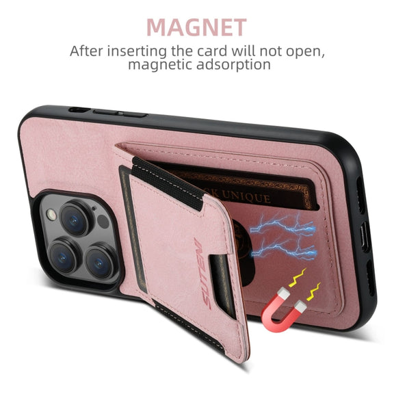 For iPhone 16 Suteni H03 Litchi Leather Card Bag Stand Back Phone Case(Pink)