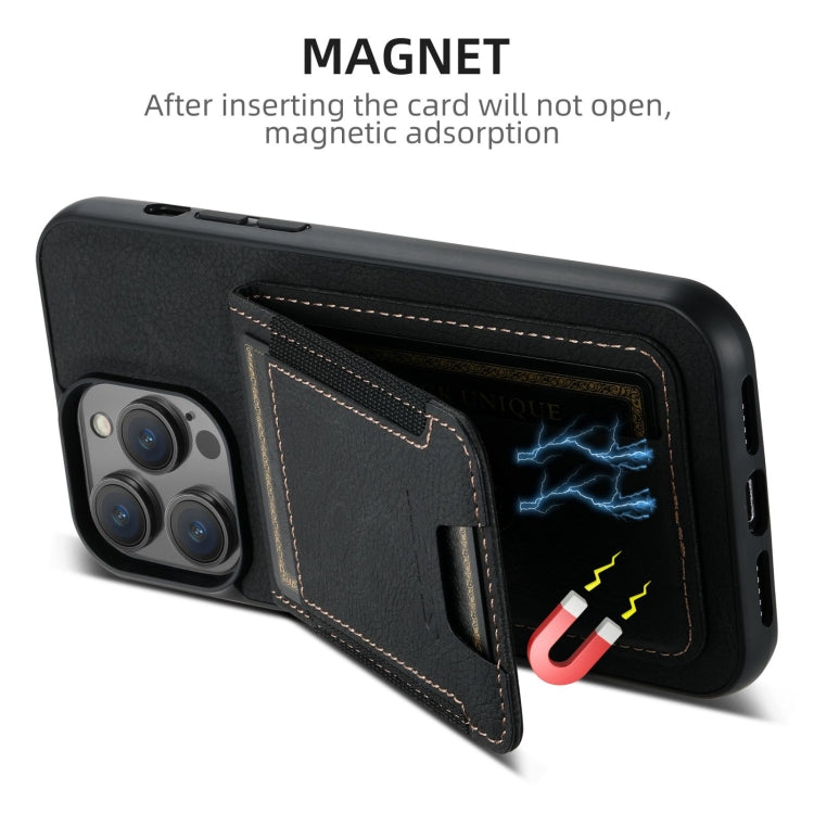 For iPhone 16 Pro Suteni H03 Litchi Leather Card Bag Stand Back Phone Case(Black)