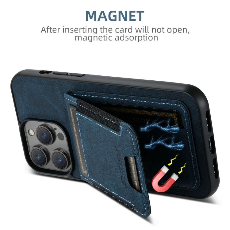 For iPhone 16 Pro Max Suteni H03 Litchi Leather Card Bag Stand Back Phone Case(Blue)