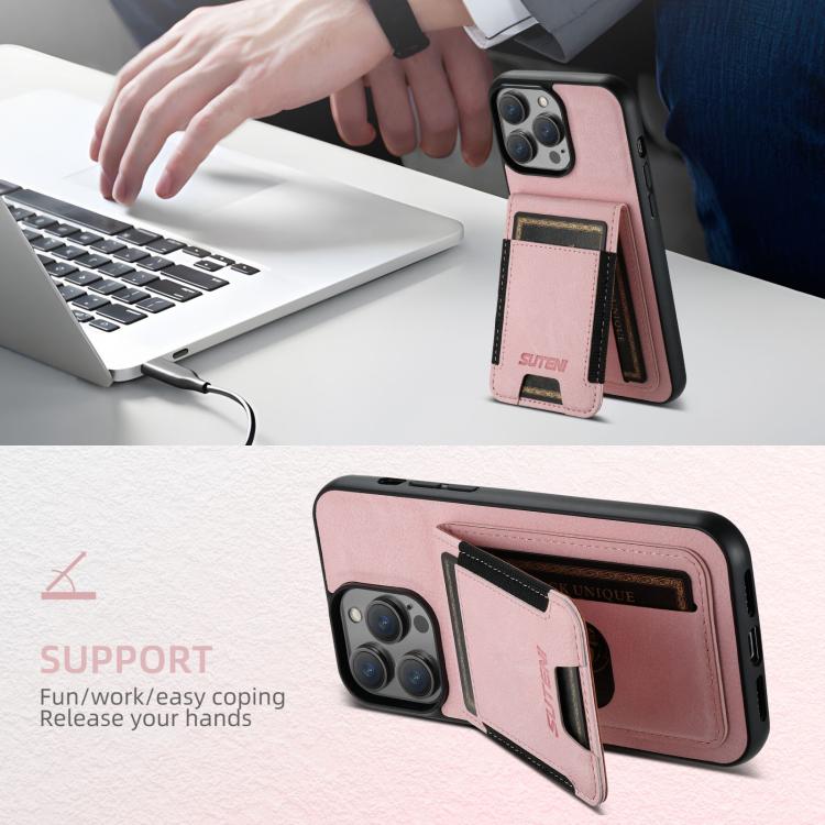For iPhone 16e Suteni H03 Litchi Leather Card Bag Stand Back Phone Case(Pink)